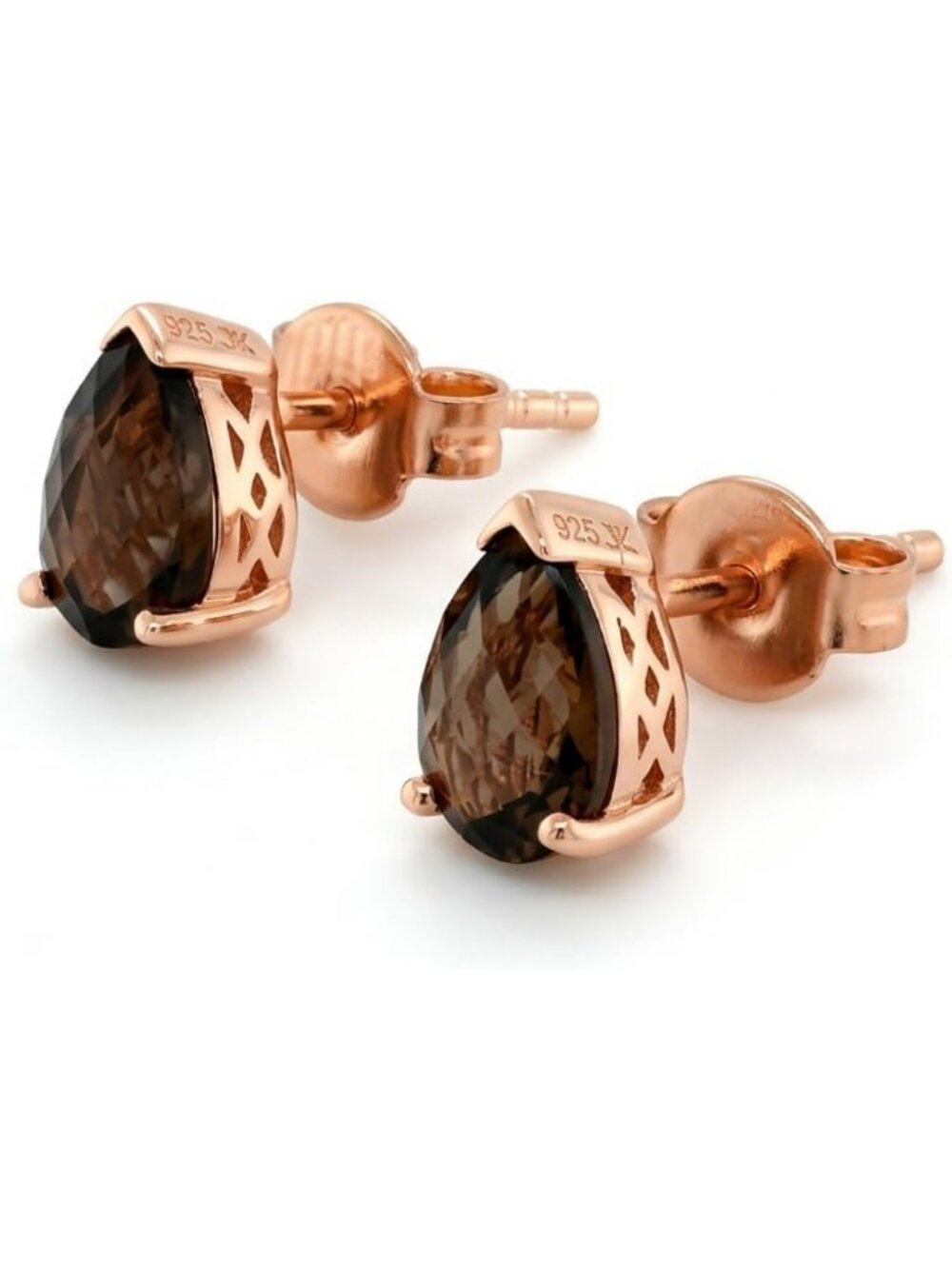 1 Carat Smoky Quartz Pear Stud Earrings in 14K Rose Gold Plated Silver